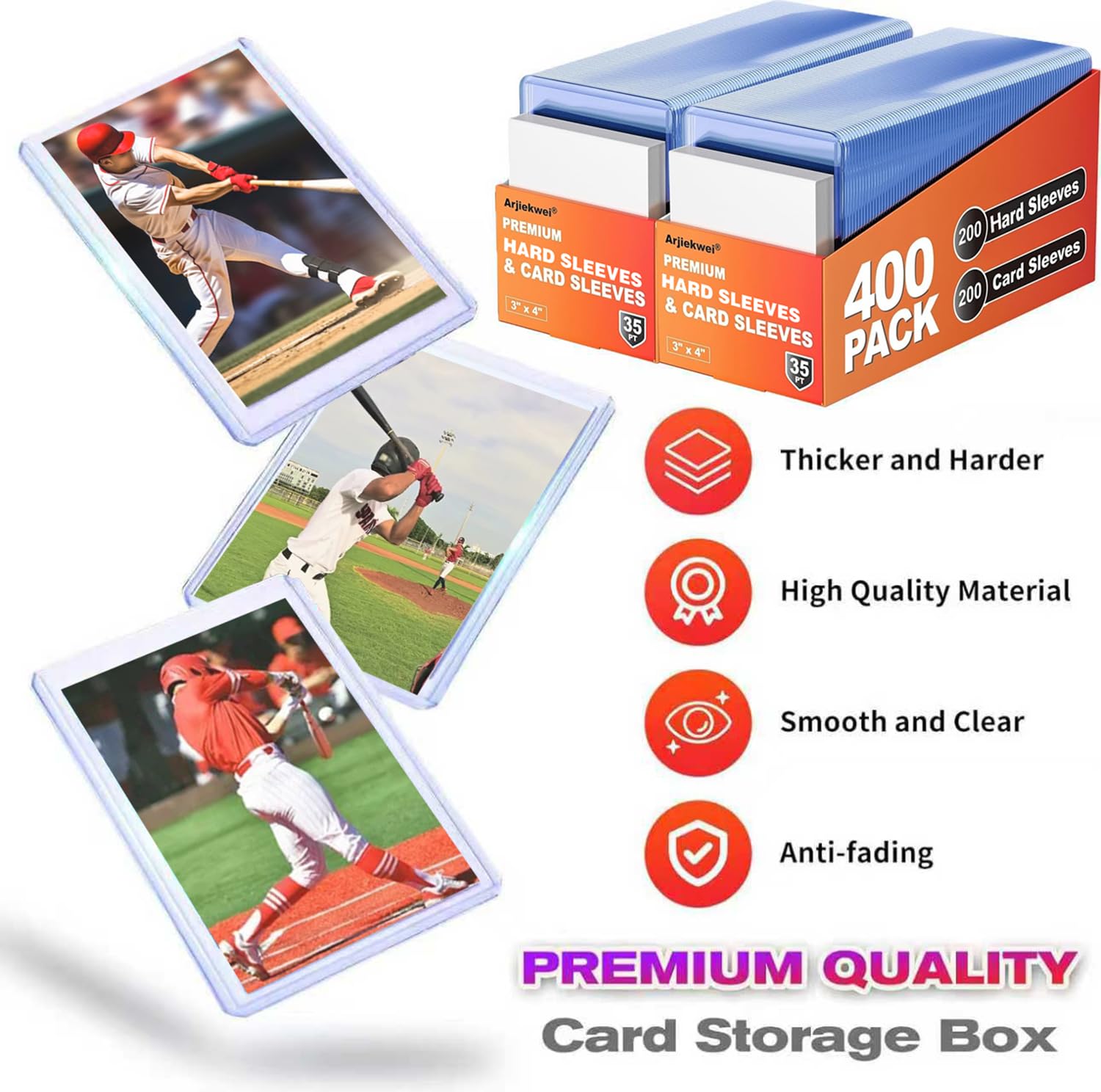 400 Card Sleeves Hard Plastic, Arjiekwei 3"X4" Baseball Cards Protectors Plastic, Premium Card Holder for Trading Sports Baseball Football Game Cards (200 Hard Sleeve + 200 Soft Sleeve)