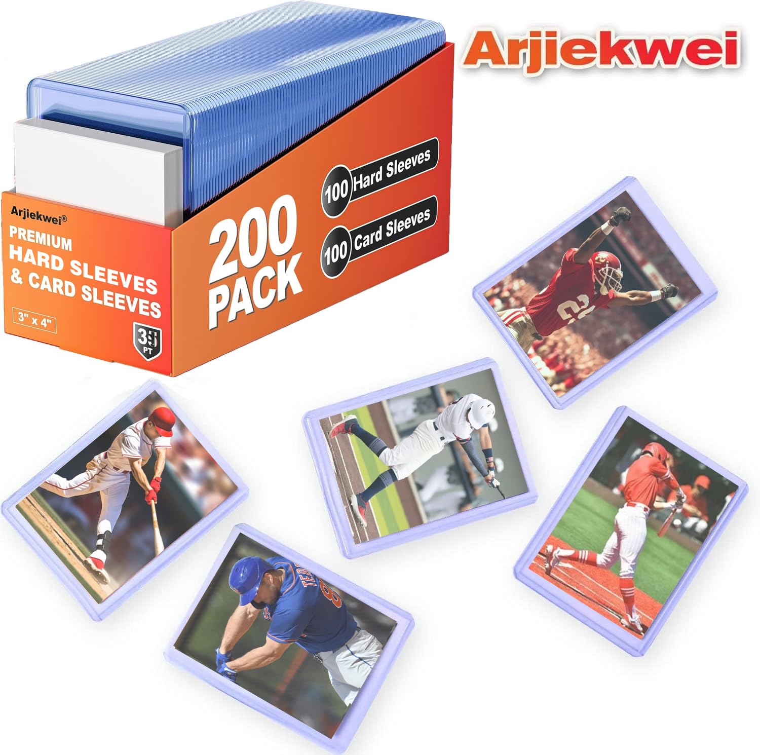 400 Card Sleeves Hard Plastic, Arjiekwei 3"X4" Baseball Cards Protectors Plastic, Premium Card Holder for Trading Sports Baseball Football Game Cards (200 Hard Sleeve + 200 Soft Sleeve)
