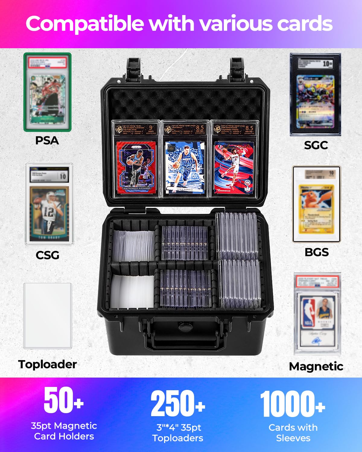 Card Case Sports Graded Trading Card Storage Box for PSA BCW MTG Tmnt TCG Zion Ascended Heroes Pokemon Card, Waterproof Hard Carrying Case Card Protective Organizer for Rigid Card Sleeve Collector