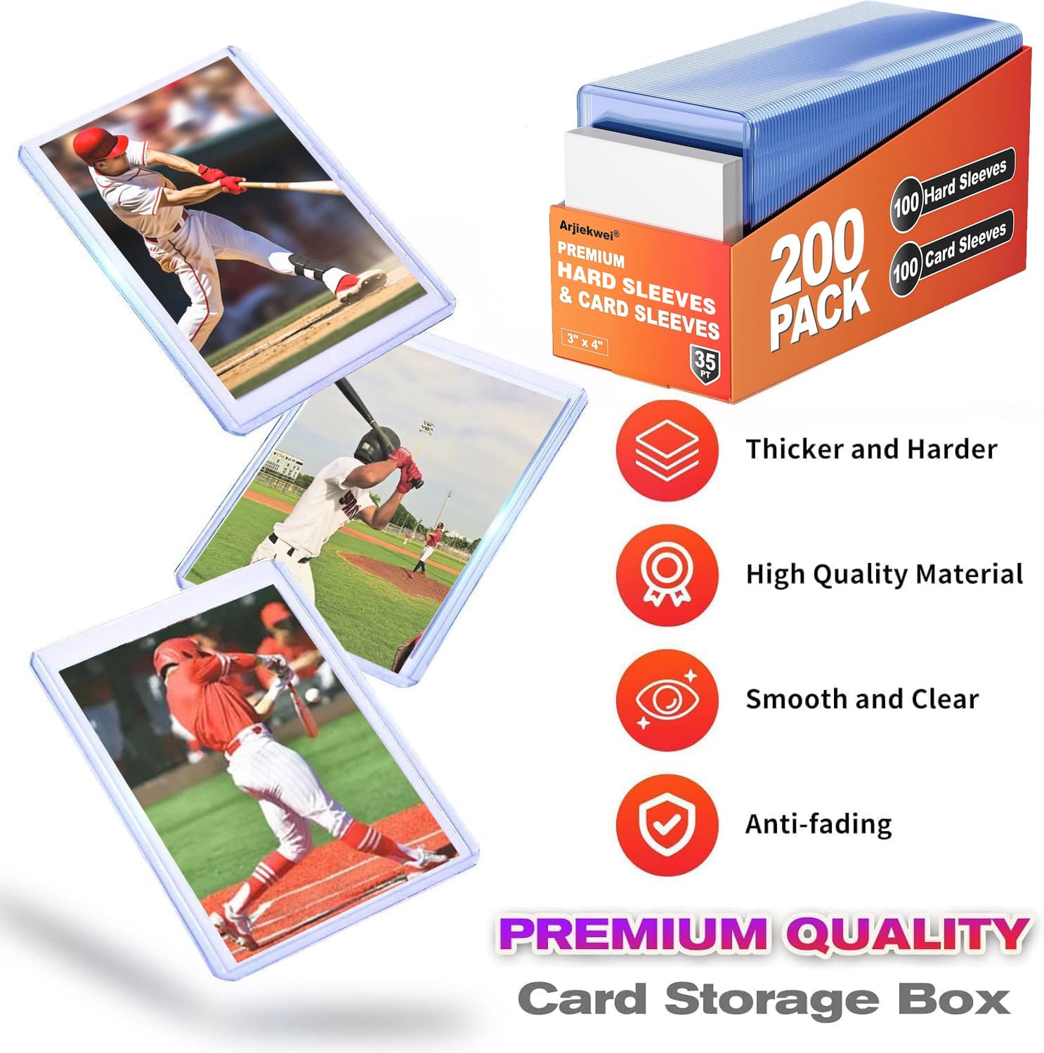 400 Card Sleeves Hard Plastic, Arjiekwei 3"X4" Baseball Cards Protectors Plastic, Premium Card Holder for Trading Sports Baseball Football Game Cards (200 Hard Sleeve + 200 Soft Sleeve)