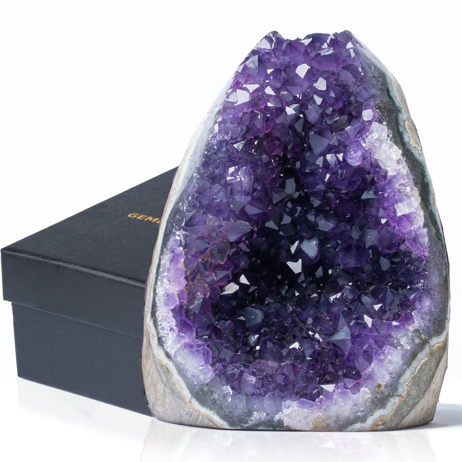 Natural Deep Purple Amethyst Crystal Geode from Uruguay 1lb-1.5lb, A Grade Amethyst Cluster, Premium Gift Box for Collectors Reiki Healing Positive Energy by GEMBOURY