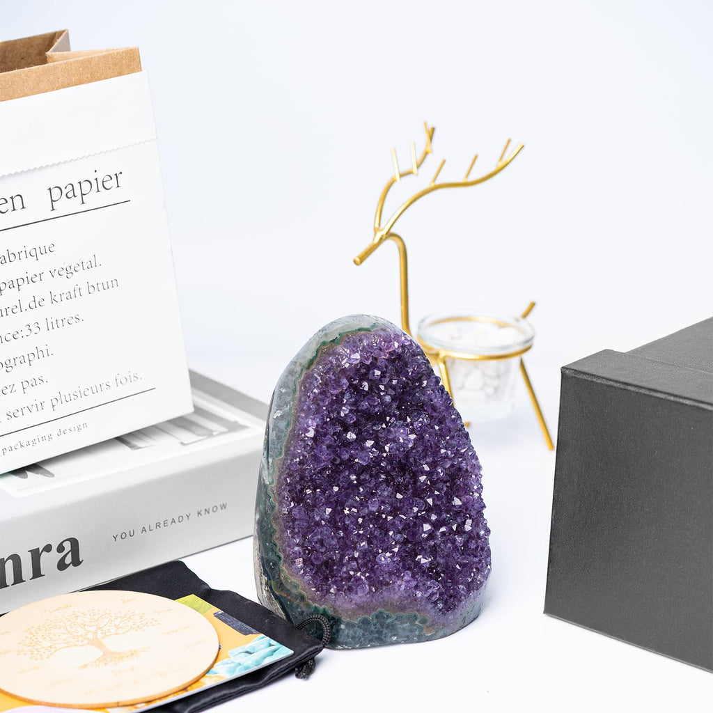 Natural Deep Purple Amethyst Crystal Geode from Uruguay 1lb-1.5lb, A Grade Amethyst Cluster, Premium Gift Box for Collectors Reiki Healing Positive Energy by GEMBOURY