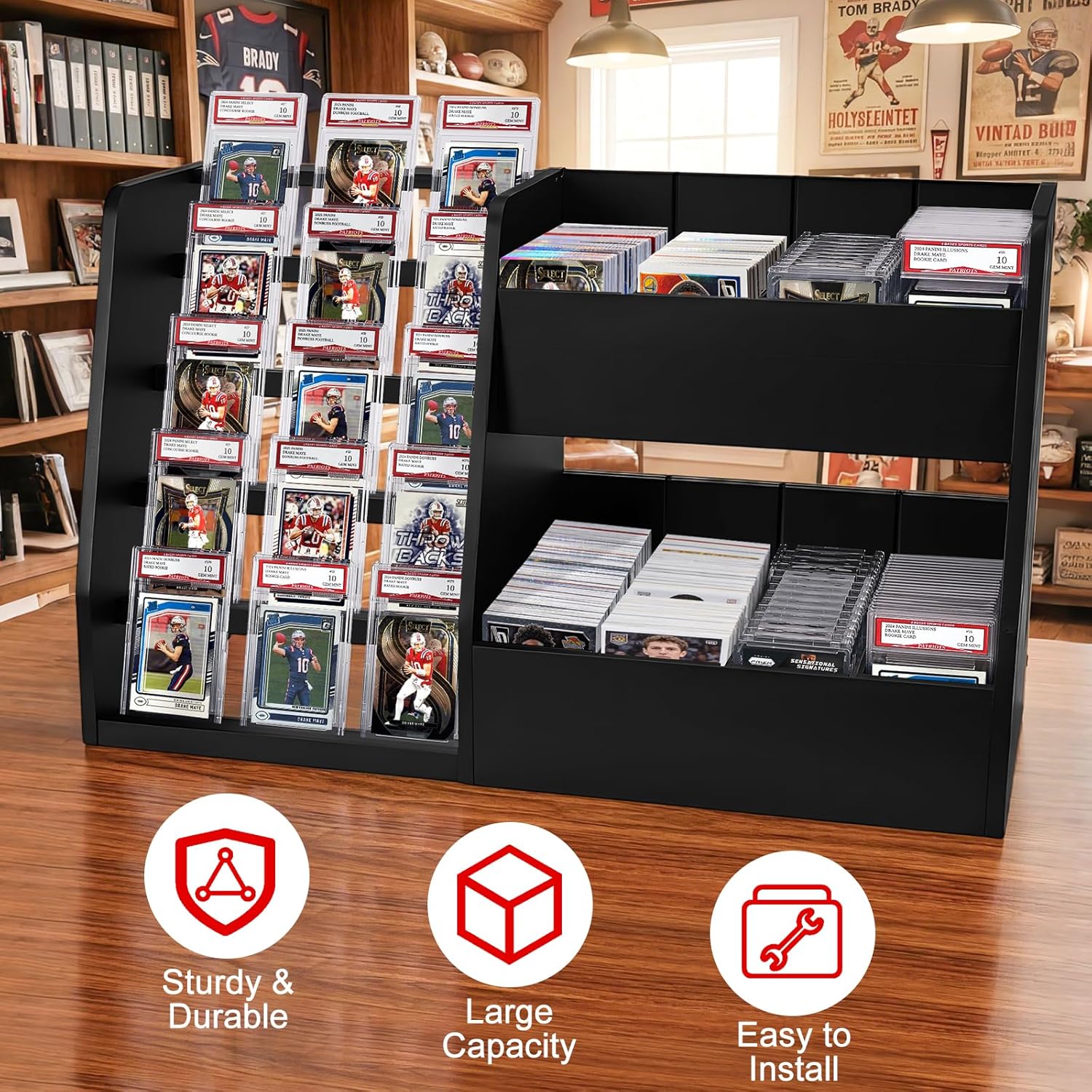 5-Tier Trading Card Display Case Stand- Holds Up to 200 Cards,Wood Sports Graded Card Display,Card Stand for Sports Baseball Cards,Card Game Collection & Show