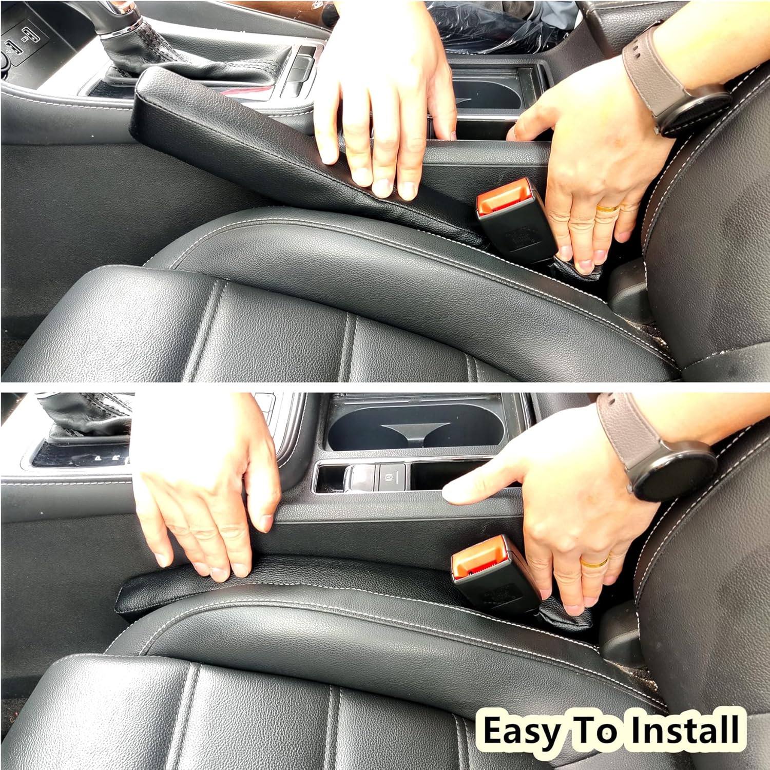 Leather Car Seat Gap Filler, 2 Pack No-Drop Seat Guard Universal Gap Stopper/Catcher to Fill The Gap Between Seat and Console Black Car Crevice Blocker Space Pad