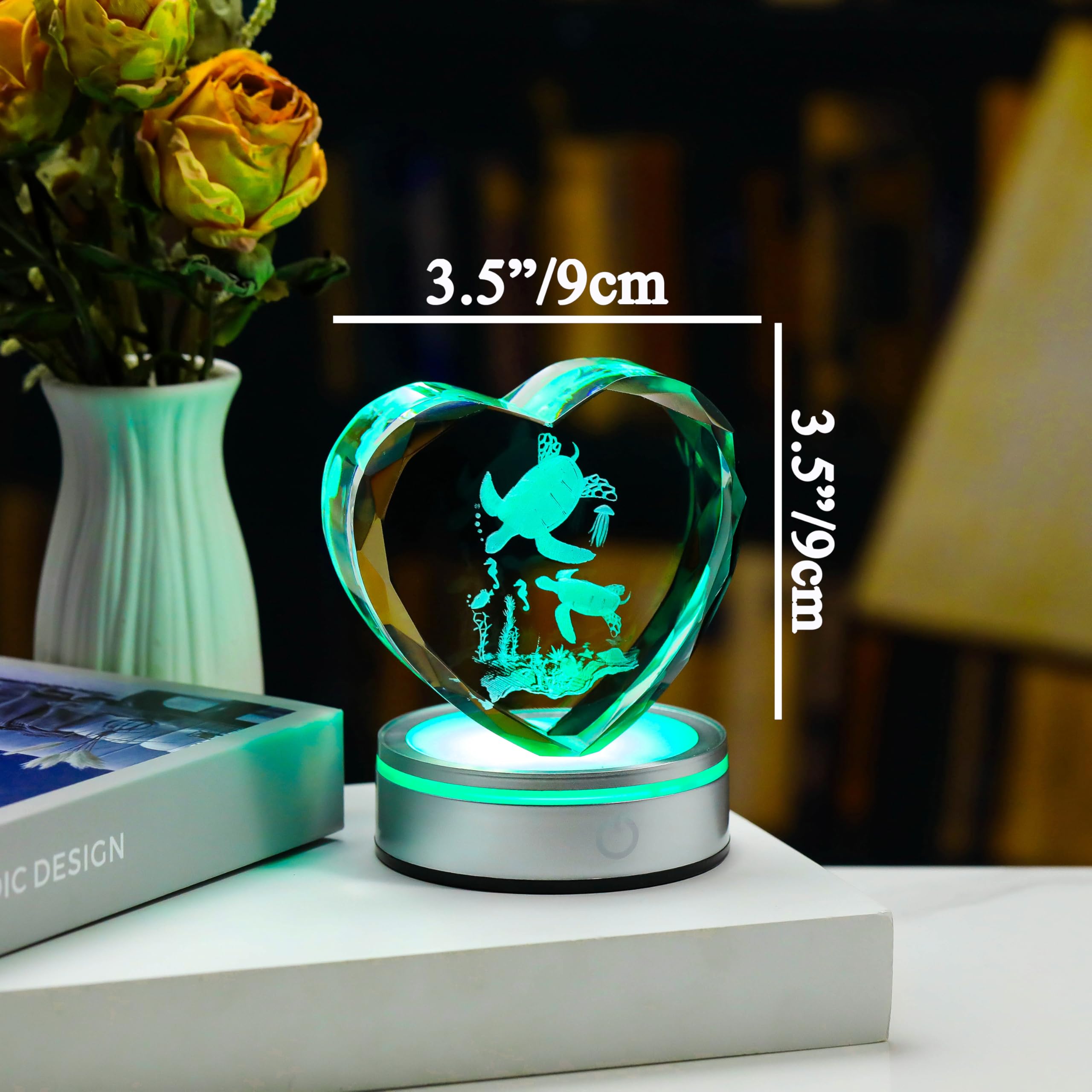 Qianwei Sea Turtel Gifts for Women 3D Crystal Heart - Laser Turtle Decor Glass Animals Sea Ocean Gifts Lamp Figurines Statue Stuff for Room Decorations Night Light