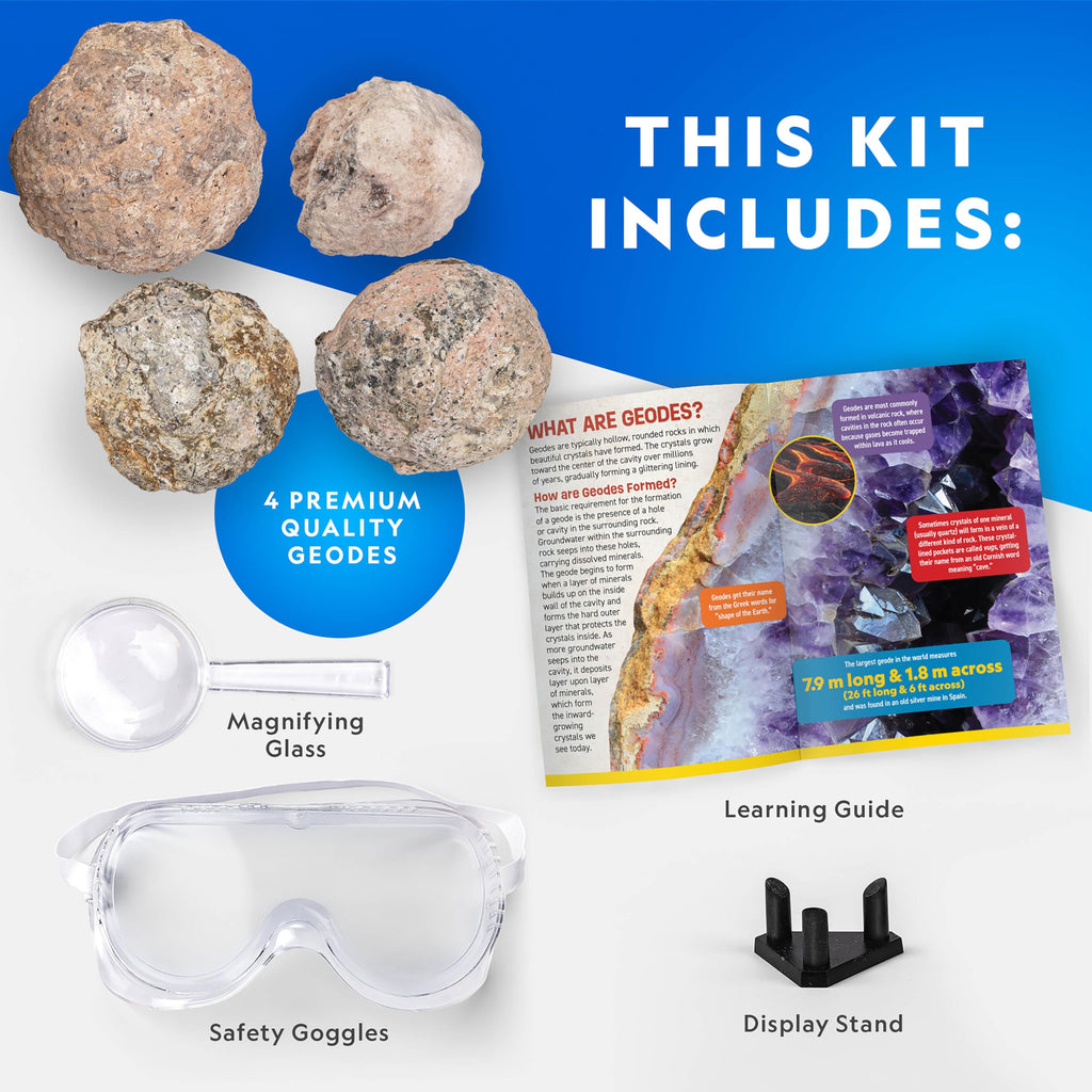 National Geographic Break Open 10 Premium Geodes – Includes Goggles & 2 Display Stands - Great STEM Science Kit, Geology Gift for Kids, Break Your Own Geodes with Crystals