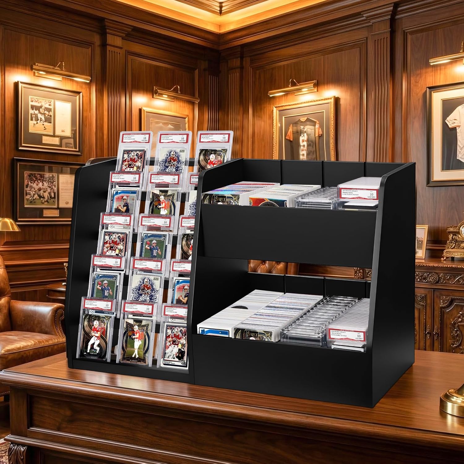 5-Tier Trading Card Display Case Stand- Holds Up to 200 Cards,Wood Sports Graded Card Display,Card Stand for Sports Baseball Cards,Card Game Collection & Show