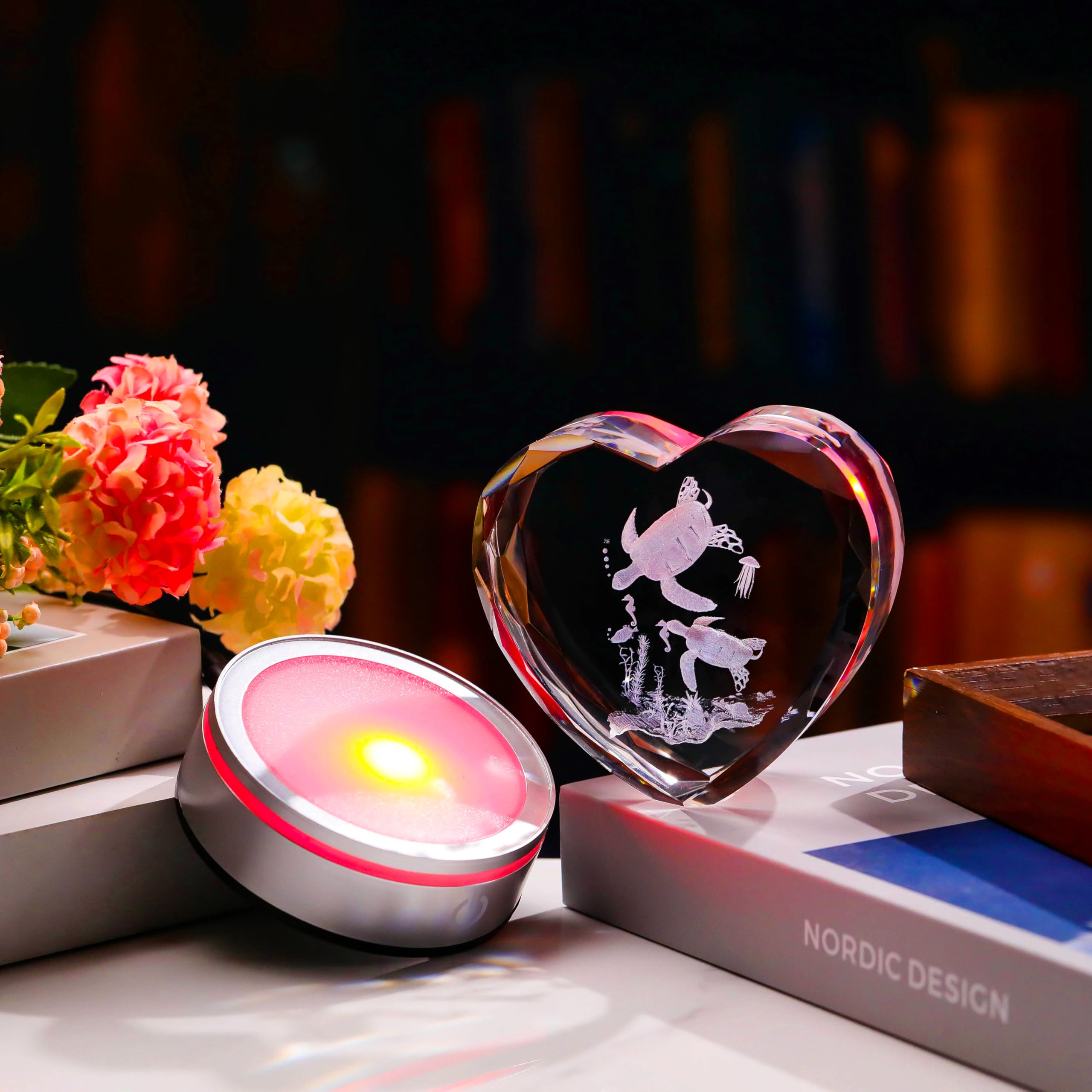 Qianwei Sea Turtel Gifts for Women 3D Crystal Heart - Laser Turtle Decor Glass Animals Sea Ocean Gifts Lamp Figurines Statue Stuff for Room Decorations Night Light
