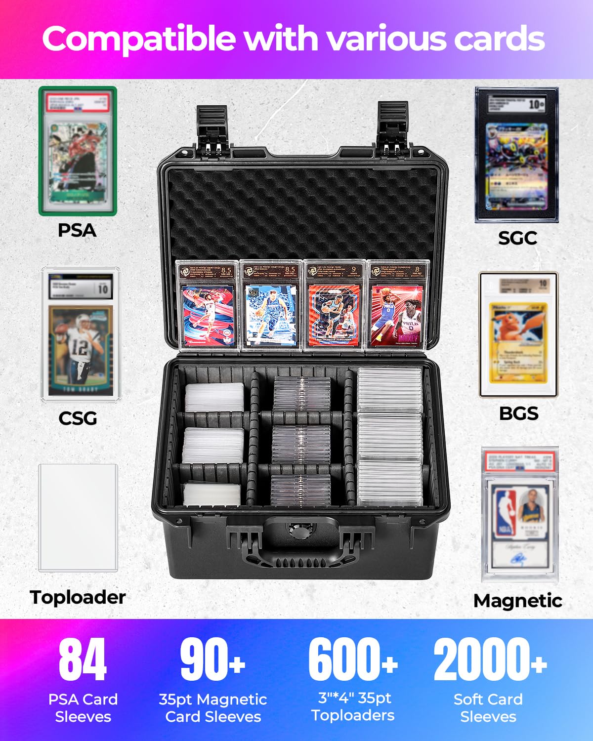 Card Case Sports Graded Trading Card Storage Box for PSA BCW MTG Tmnt TCG Zion Ascended Heroes Pokemon Card, Waterproof Hard Carrying Case Card Protective Organizer for Rigid Card Sleeve Collector