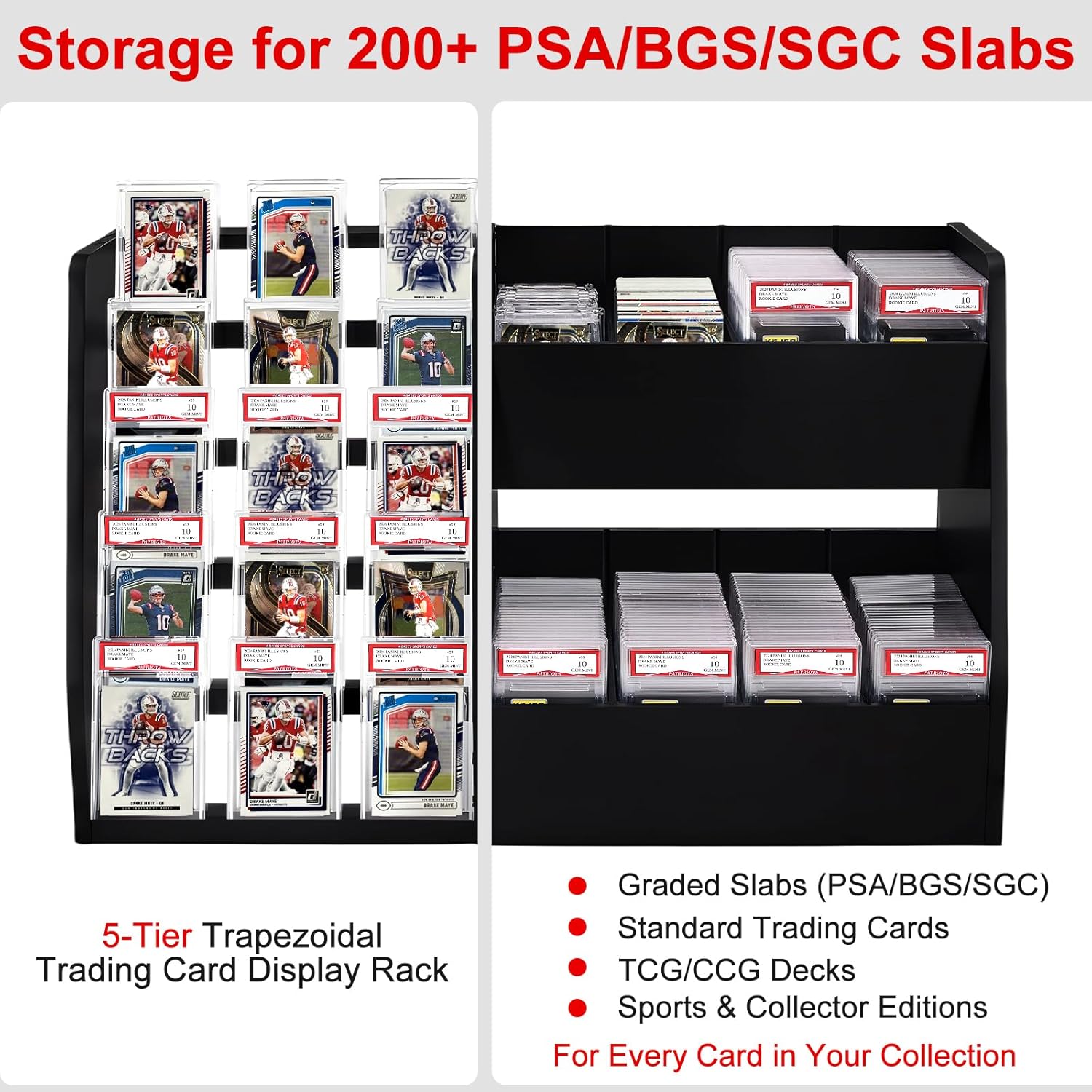 5-Tier Trading Card Display Case Stand- Holds Up to 200 Cards,Wood Sports Graded Card Display,Card Stand for Sports Baseball Cards,Card Game Collection & Show