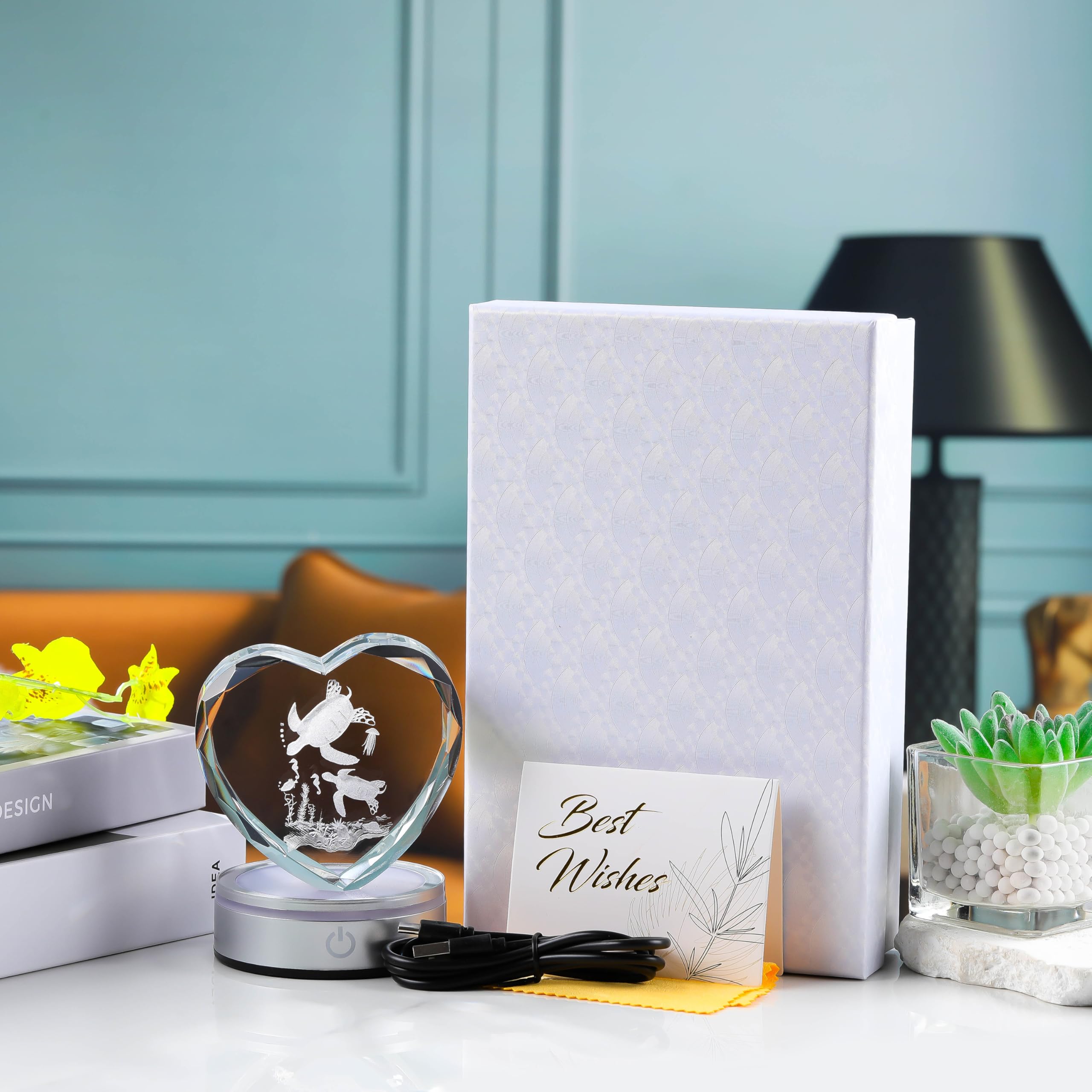 Qianwei Sea Turtel Gifts for Women 3D Crystal Heart - Laser Turtle Decor Glass Animals Sea Ocean Gifts Lamp Figurines Statue Stuff for Room Decorations Night Light