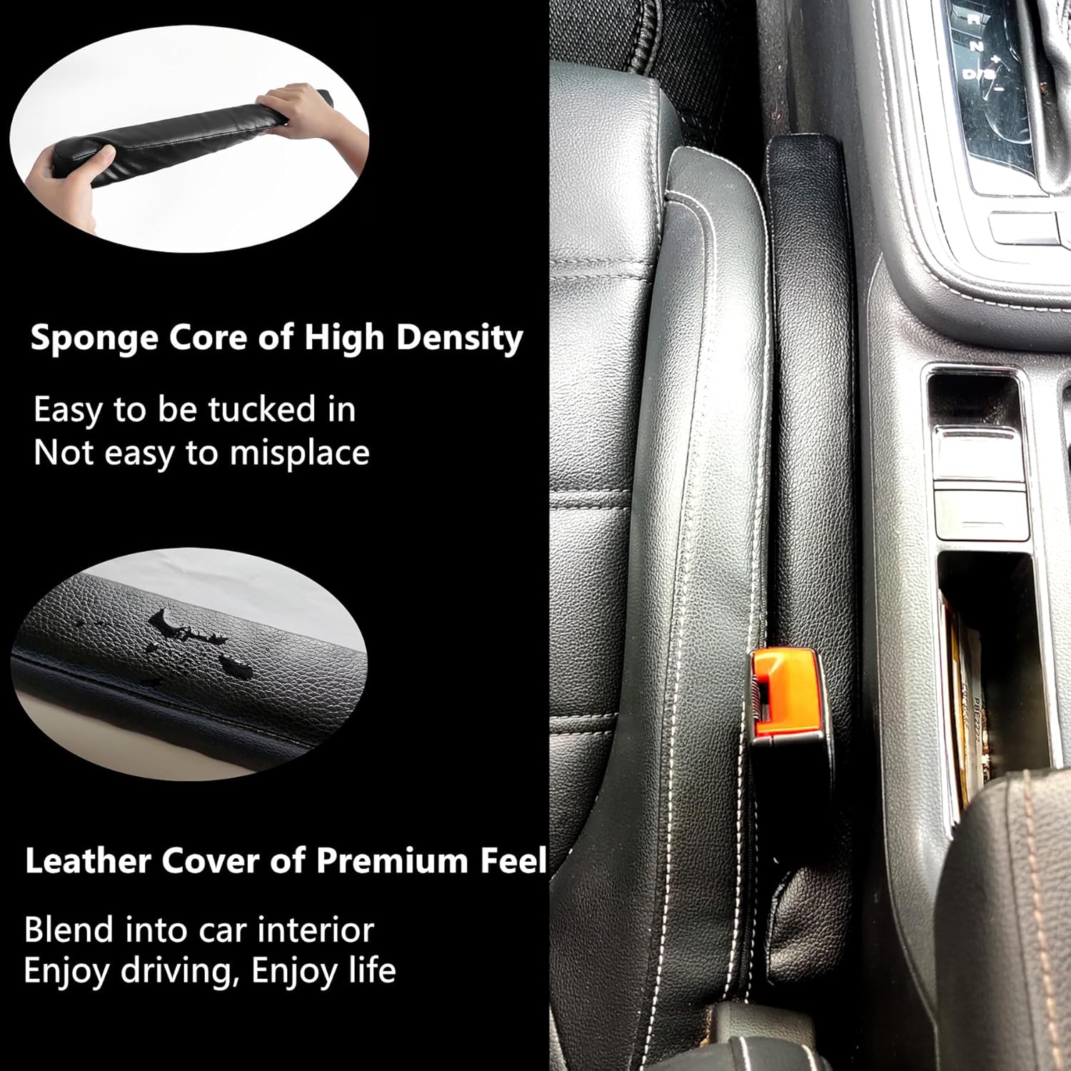 Leather Car Seat Gap Filler, 2 Pack No-Drop Seat Guard Universal Gap Stopper/Catcher to Fill The Gap Between Seat and Console Black Car Crevice Blocker Space Pad