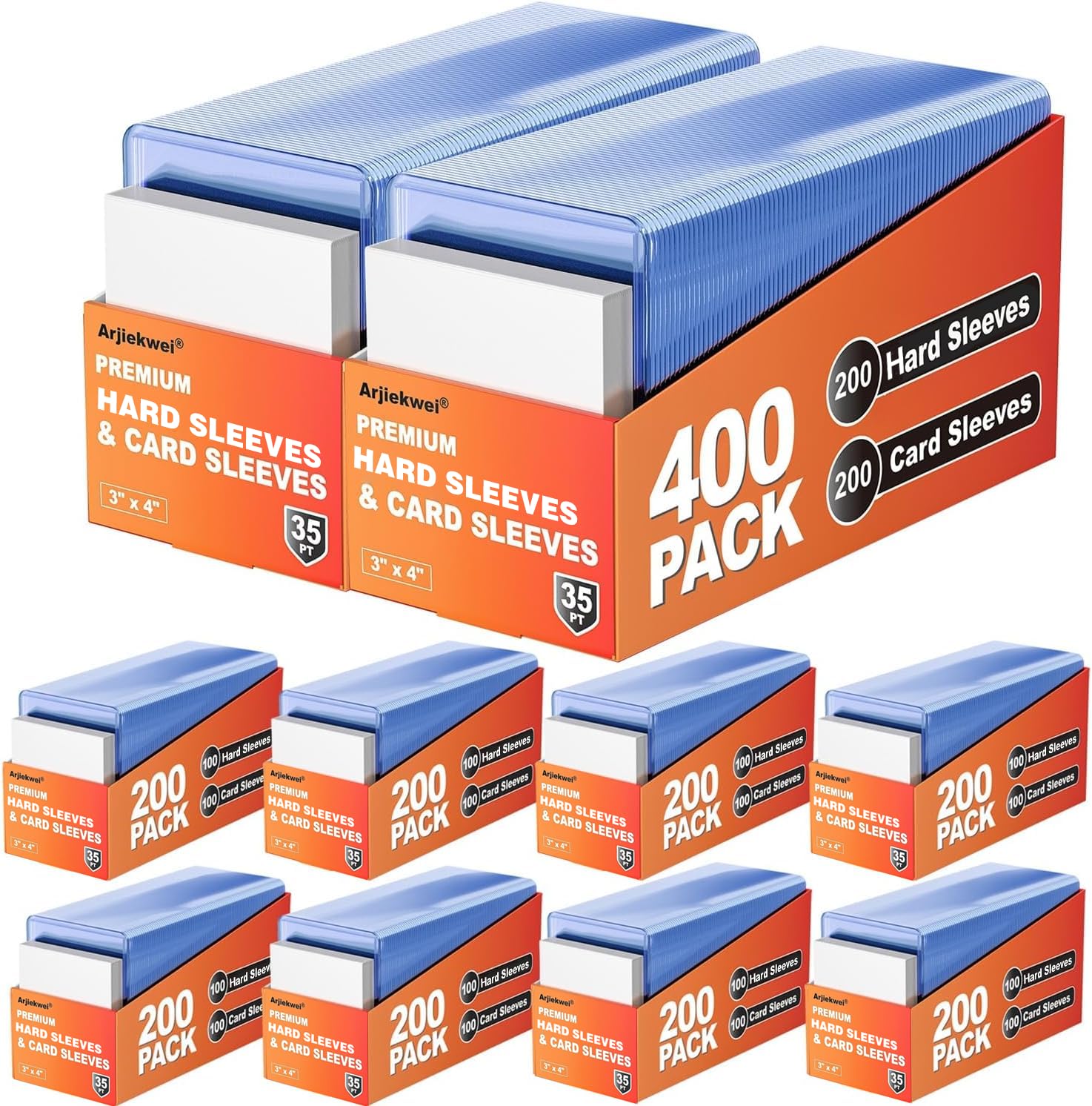 400 Card Sleeves Hard Plastic, Arjiekwei 3"X4" Baseball Cards Protectors Plastic, Premium Card Holder for Trading Sports Baseball Football Game Cards (200 Hard Sleeve + 200 Soft Sleeve)
