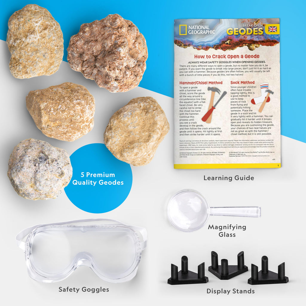 National Geographic Break Open 10 Premium Geodes – Includes Goggles & 2 Display Stands - Great STEM Science Kit, Geology Gift for Kids, Break Your Own Geodes with Crystals