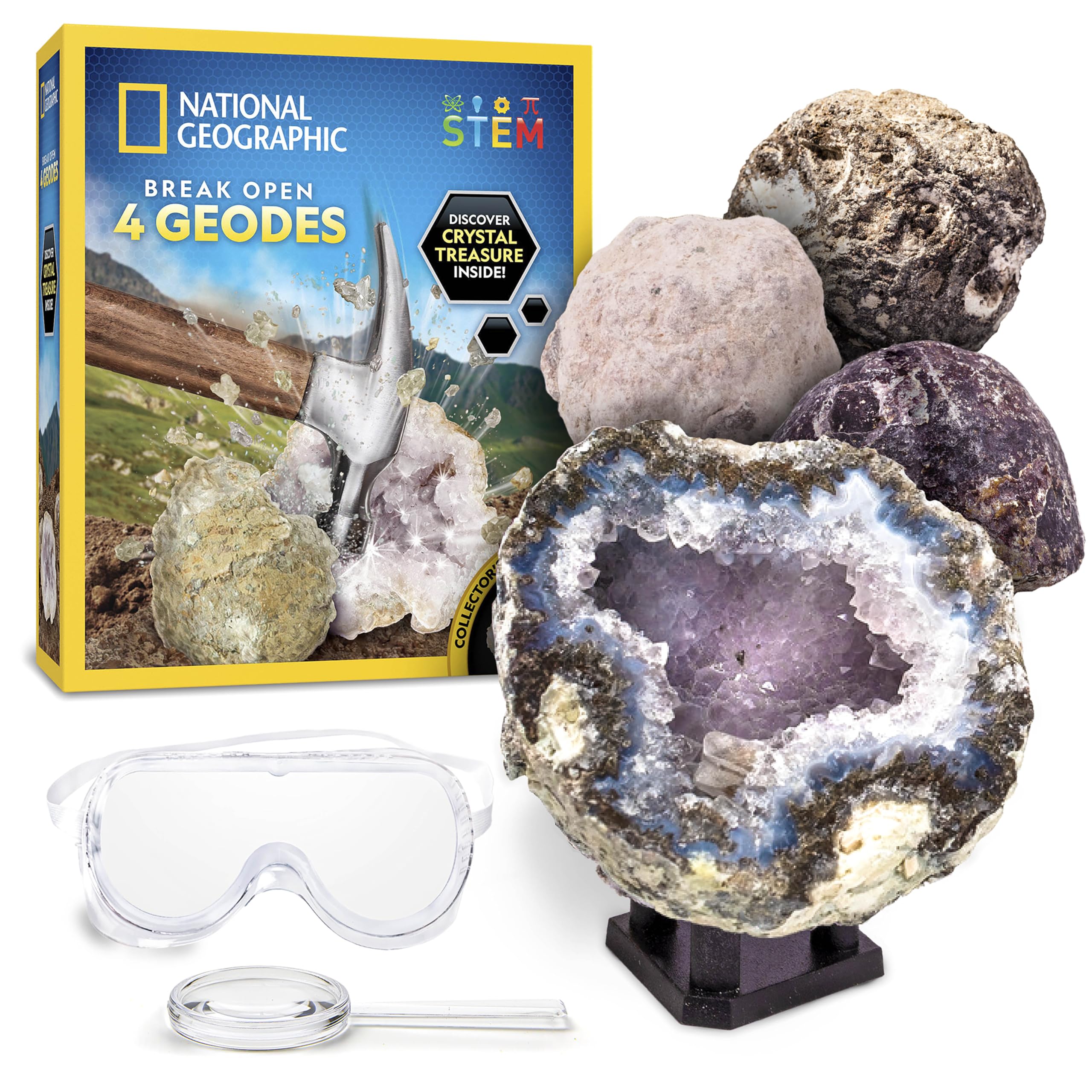 National Geographic Break Open 10 Premium Geodes – Includes Goggles & 2 Display Stands - Great STEM Science Kit, Geology Gift for Kids, Break Your Own Geodes with Crystals
