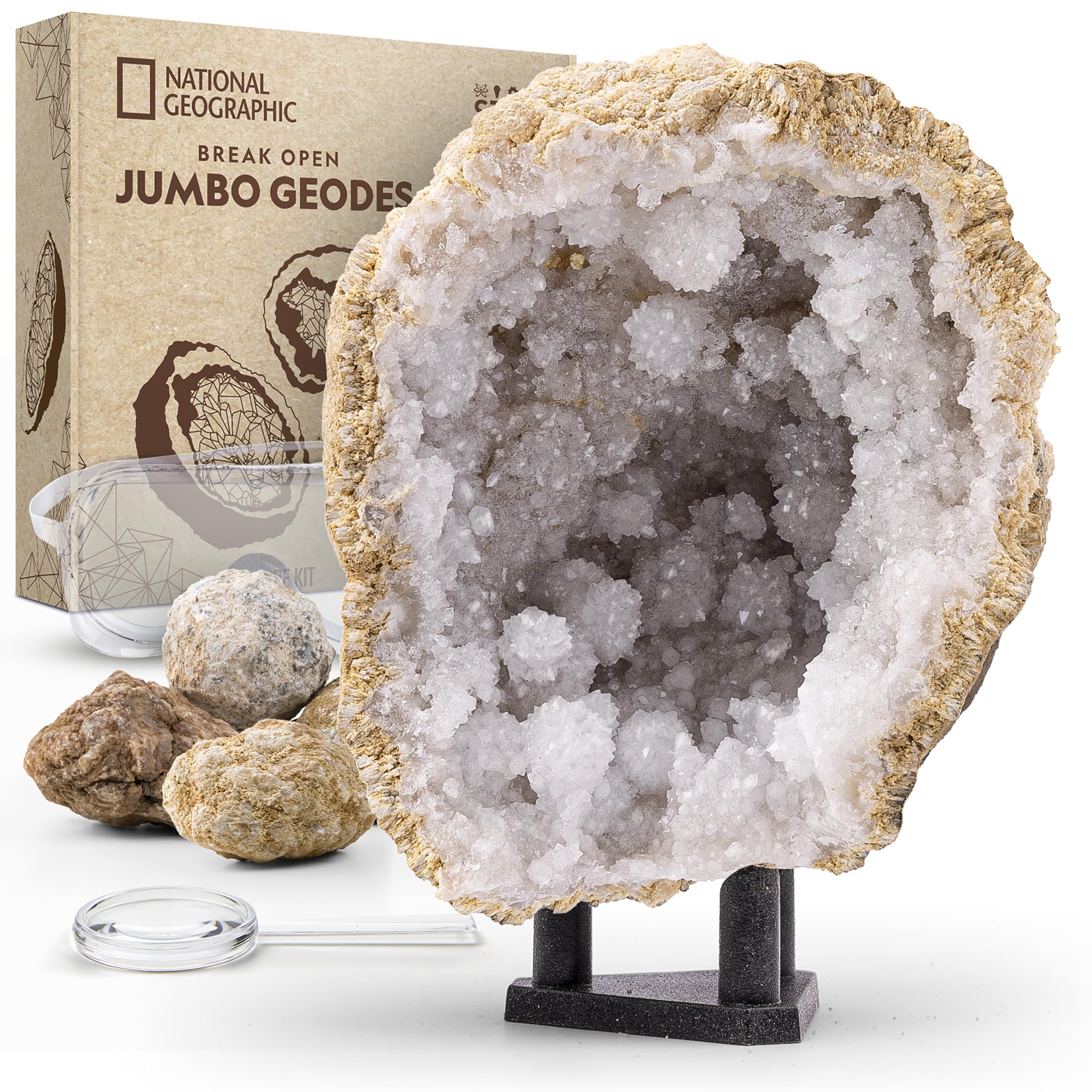 National Geographic Break Open 10 Premium Geodes – Includes Goggles & 2 Display Stands - Great STEM Science Kit, Geology Gift for Kids, Break Your Own Geodes with Crystals